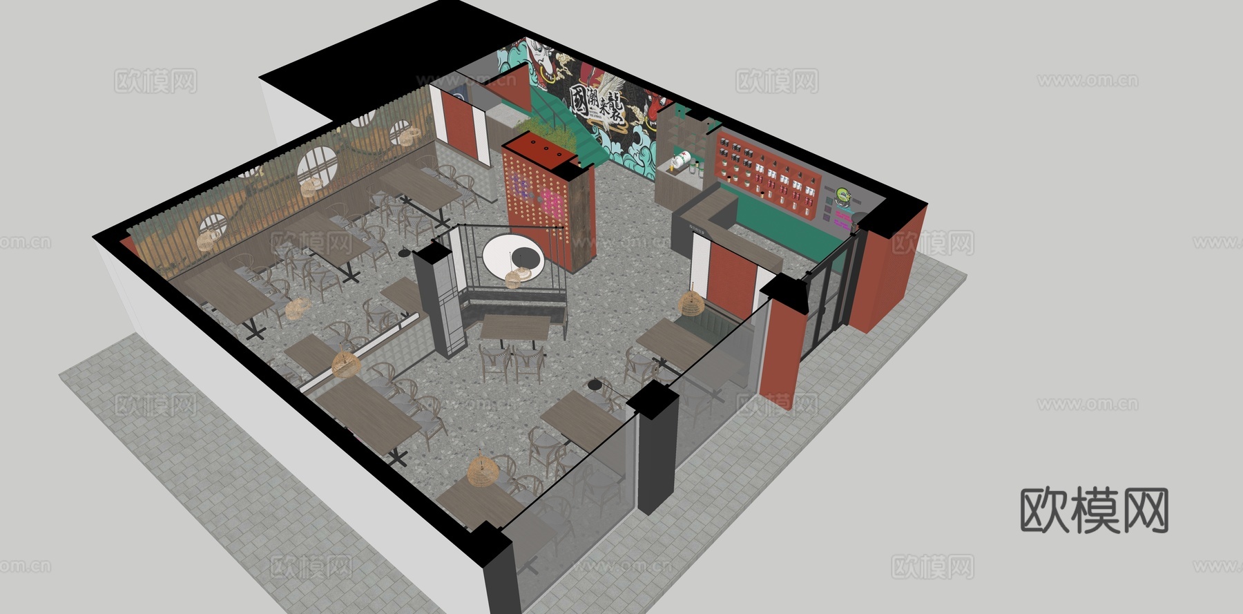 新中式中餐厅su模型下载下载（渲染图3）