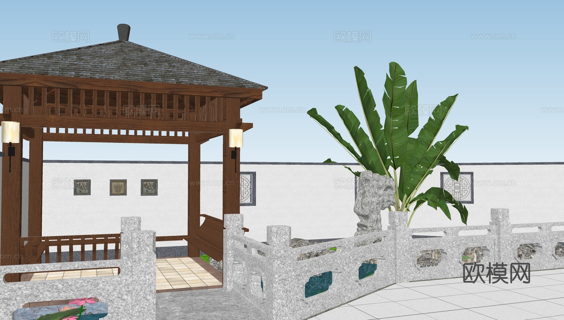 新中式庭院景观su模型下载