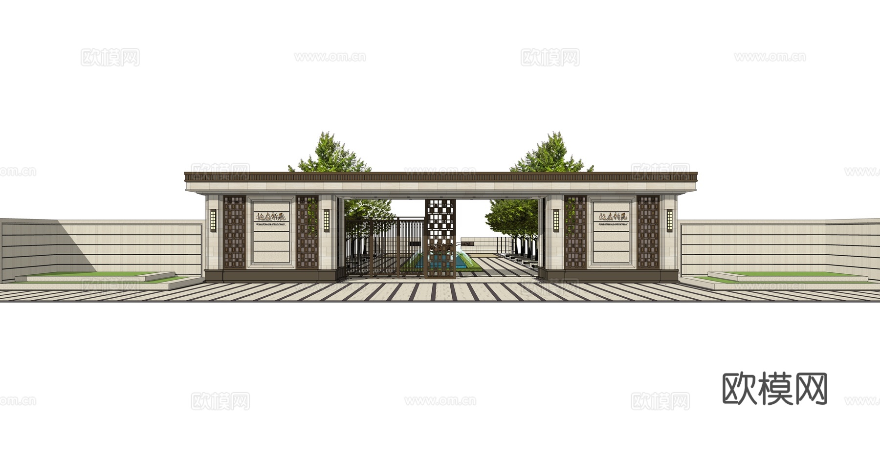 新中式小区大门su模型下载
