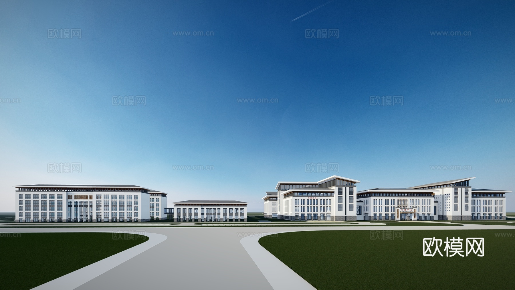 新中式疗养院建筑外观su模型下载