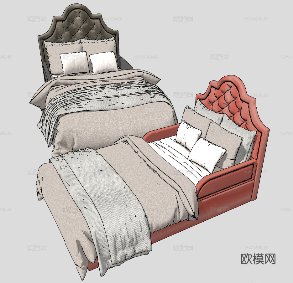 欧式布艺单人床su模型下载