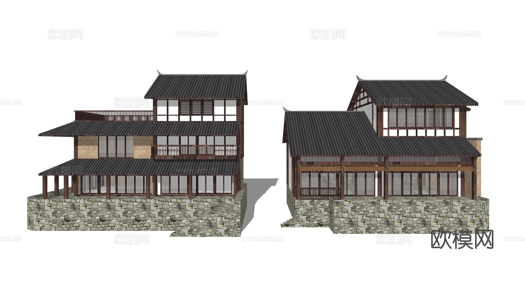 新中式古建民居外观su模型下载