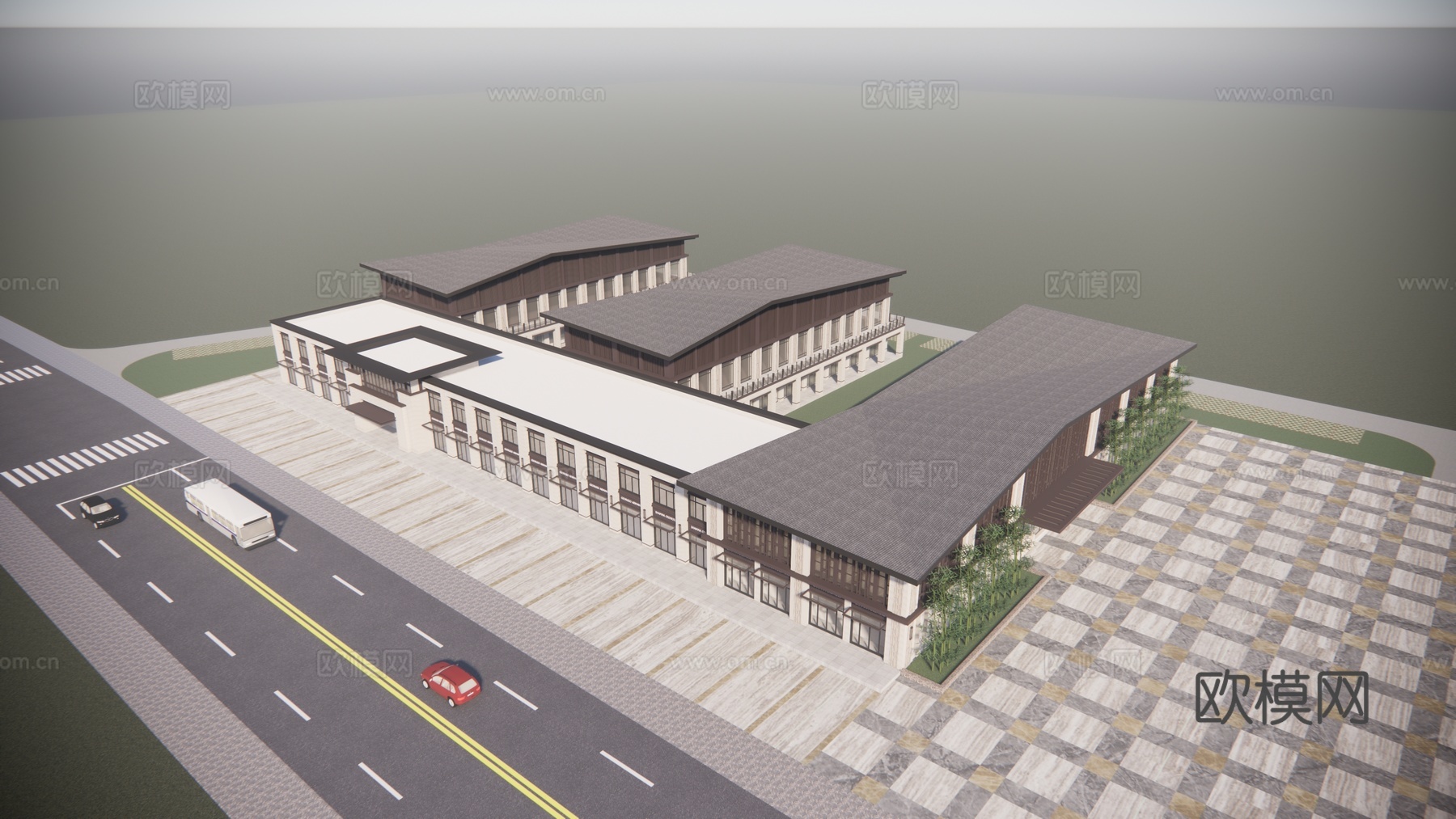 新中式展览馆建筑外观su模型下载