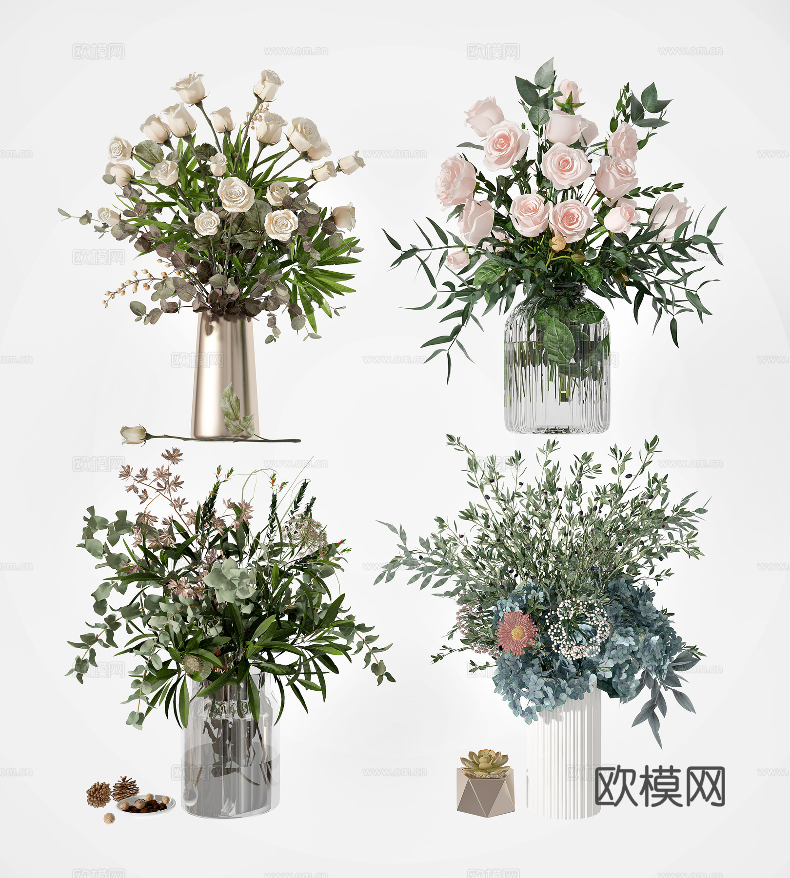 现代玫瑰花瓶插花su模型下载