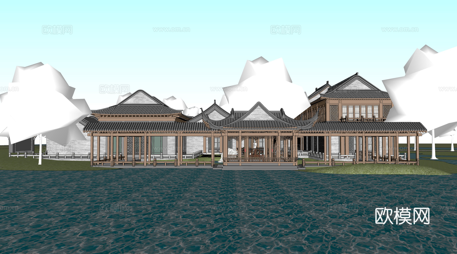 中式古建外观su模型下载