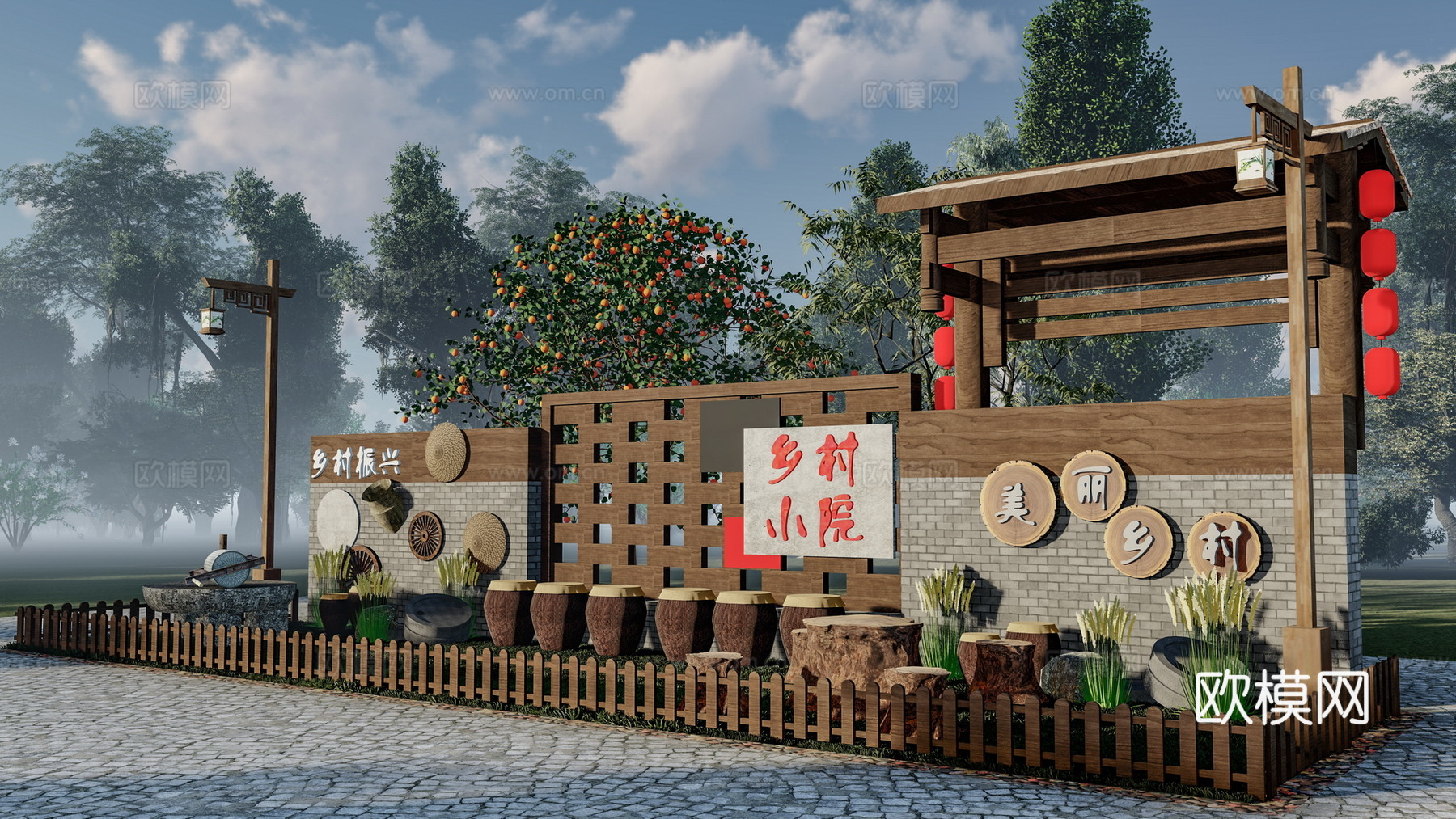 新中式乡村文化景观小品su模型下载
