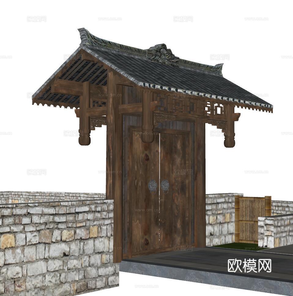 新中式庭院大门su模型下载