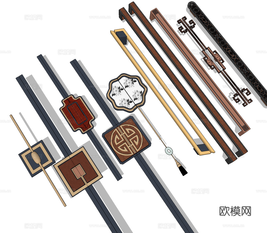 新中式雕花门把手门拉手su模型下载