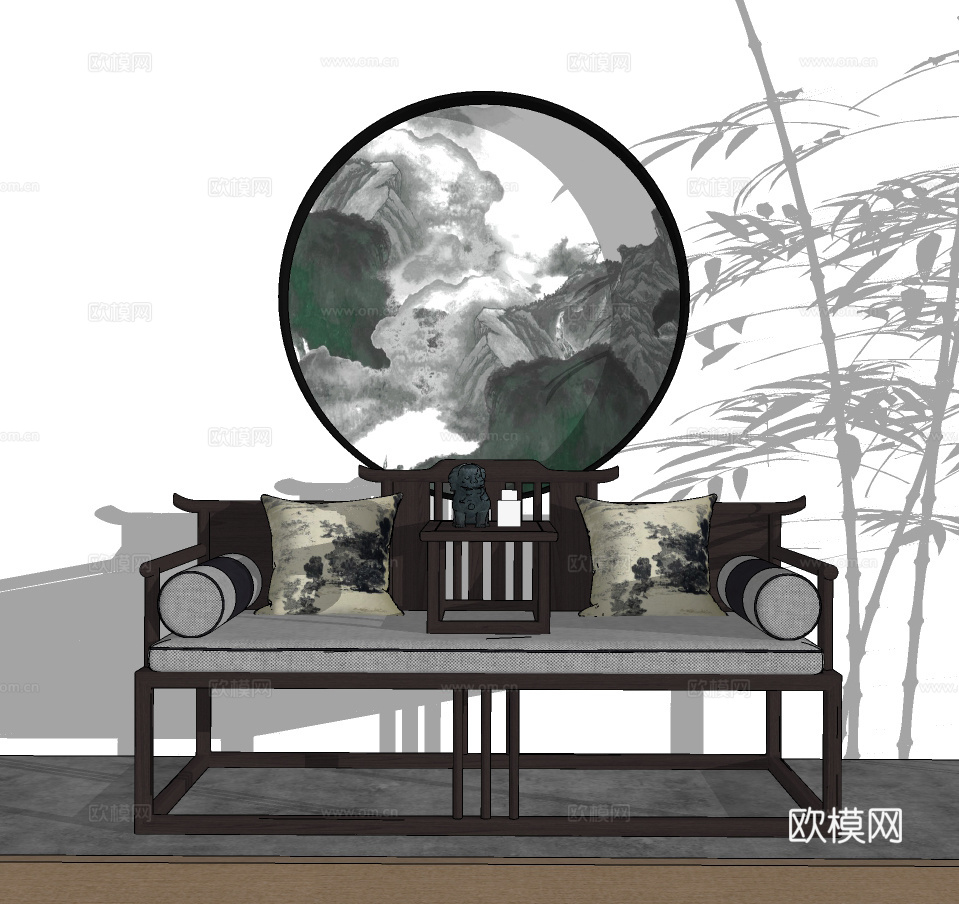 新中式罗汉床双人沙发su模型下载