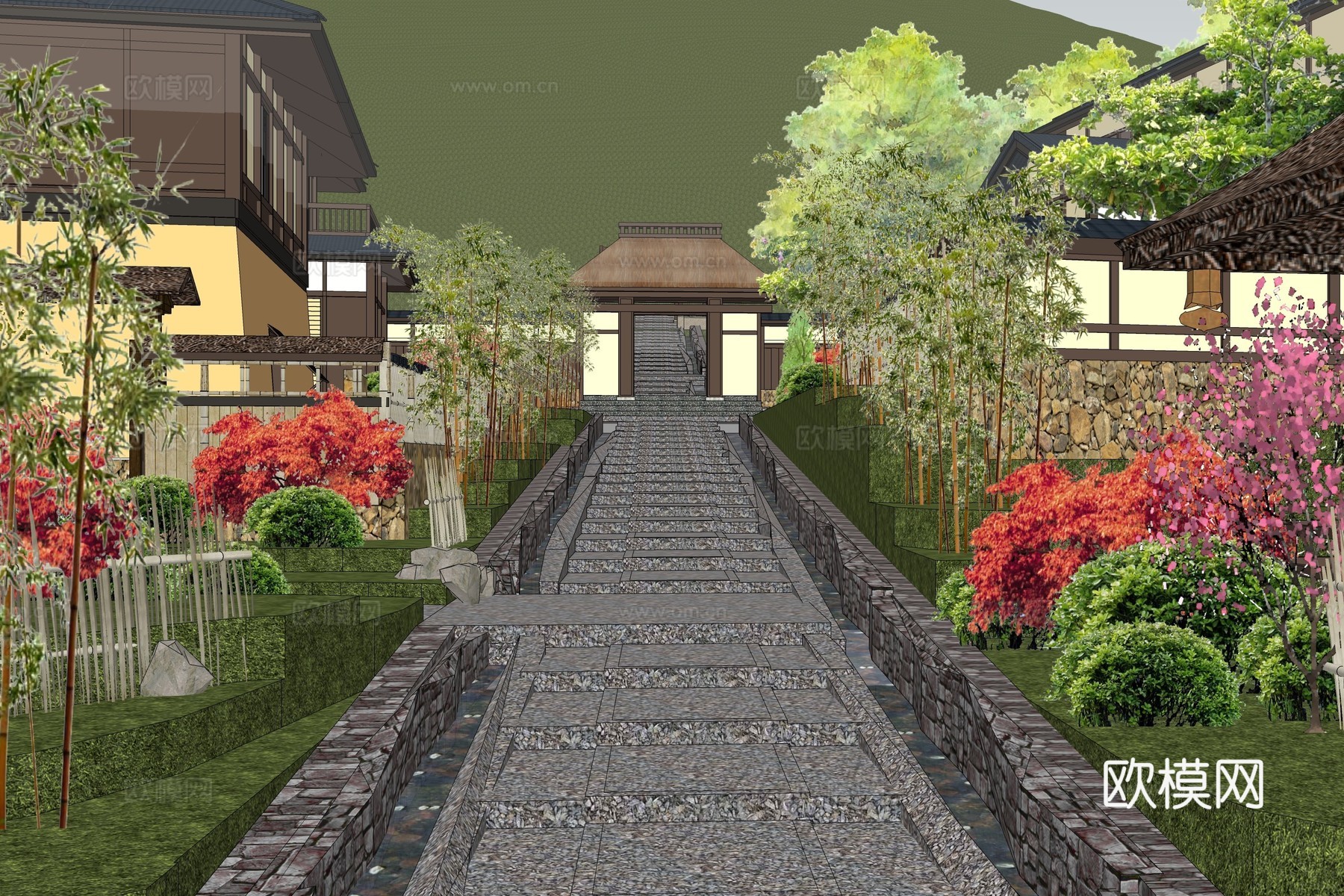 中式古建度假村鸟瞰su模型下载