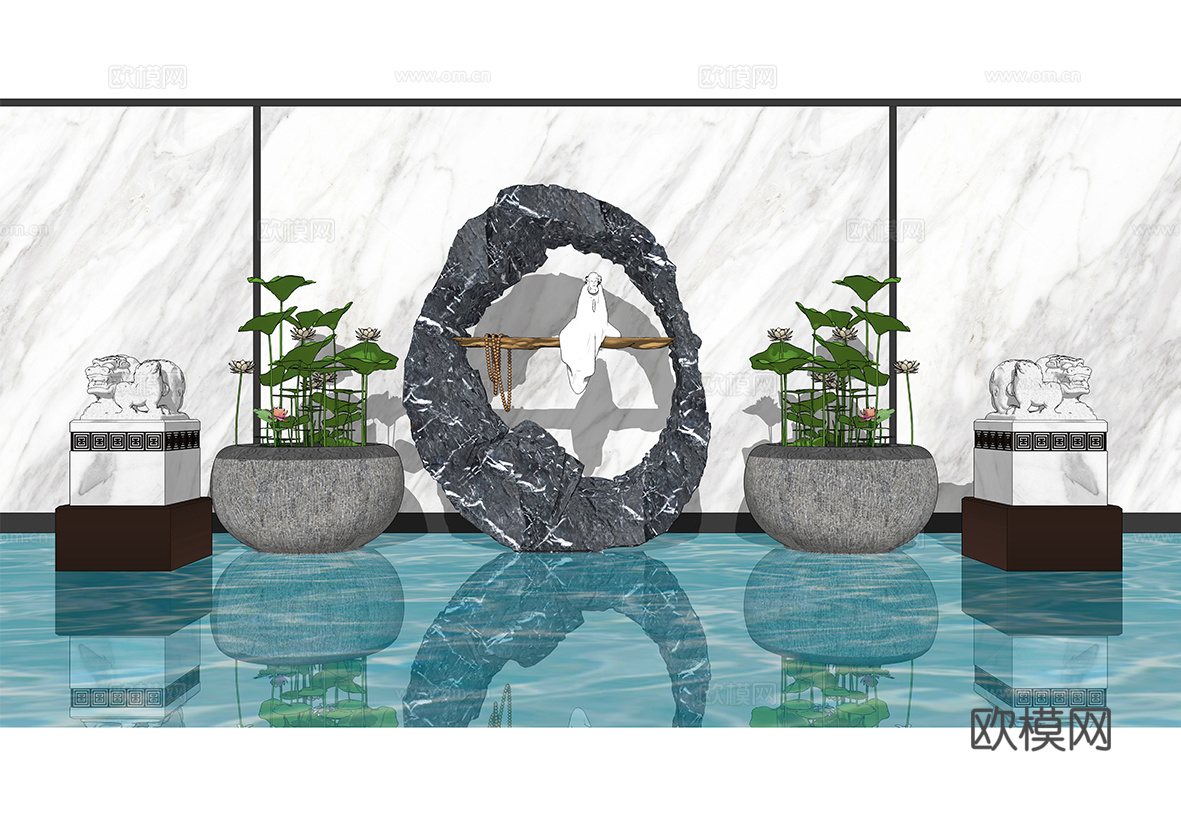 新中式荷花池水景小品su模型下载