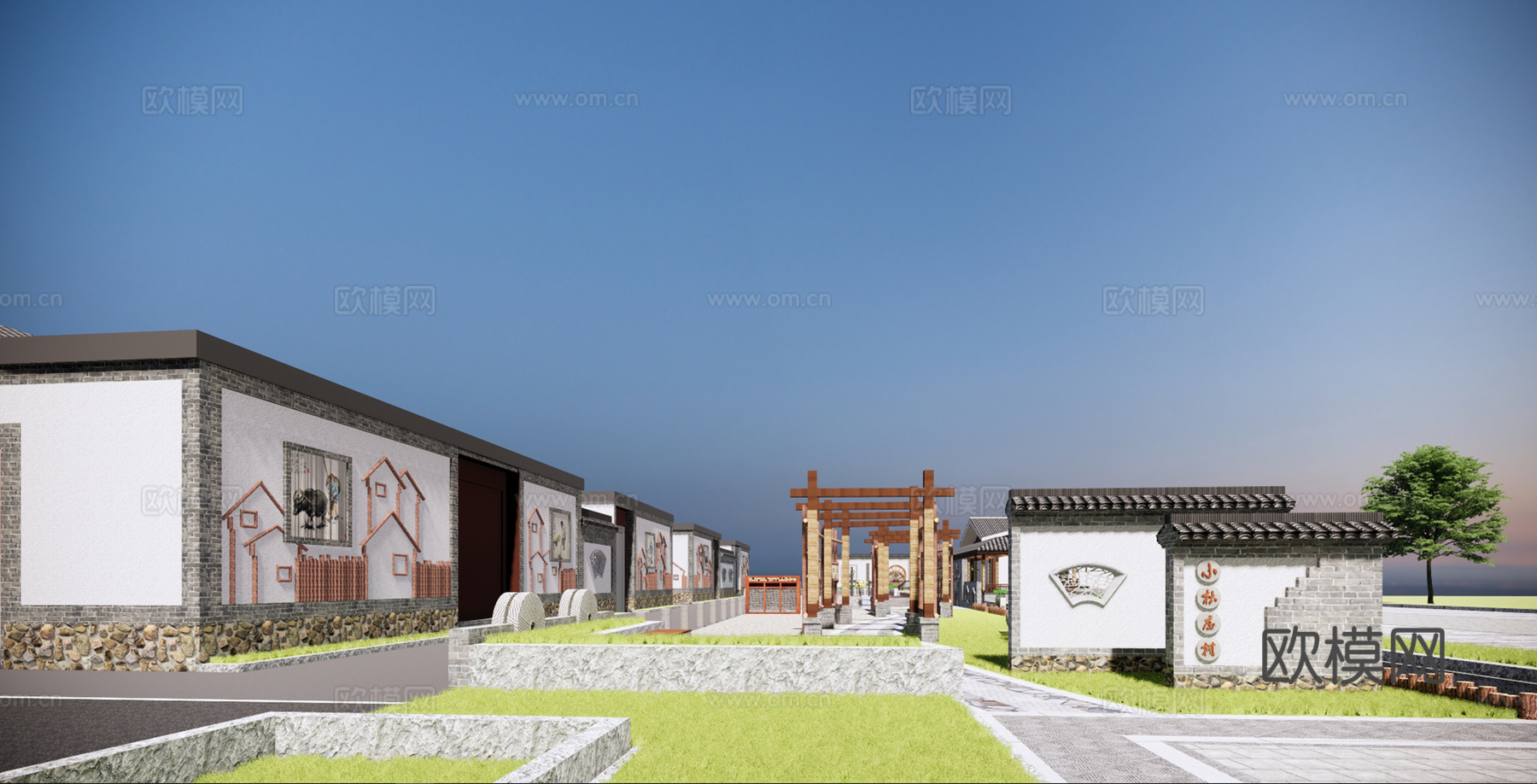 新中式民宿建筑外观su模型下载