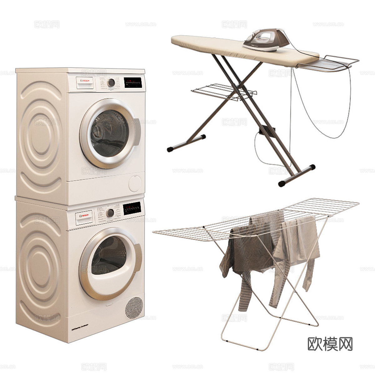 现代奶油风洗衣机 烘干机 熨衣板 折叠晾衣架3d模型