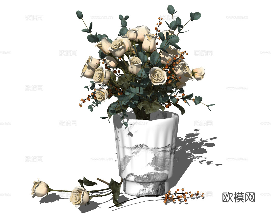 现代玫瑰花花瓶插花su模型下载
