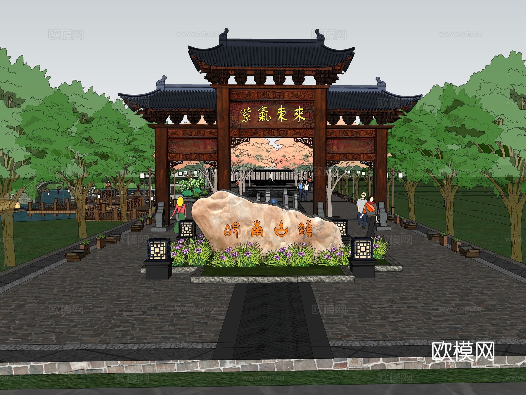 新中式公园码头su模型下载