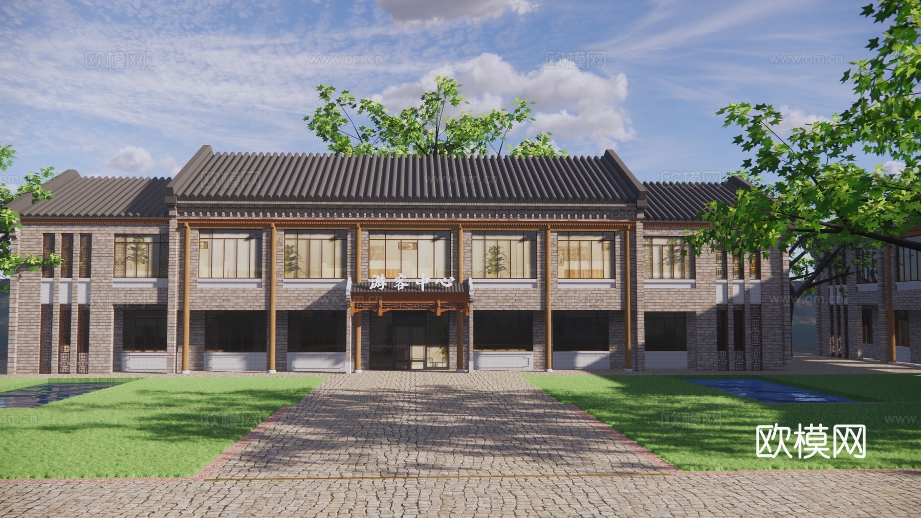 新中式游客中心建筑外观su模型下载