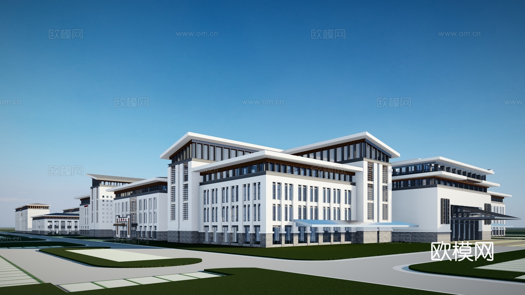 新中式疗养院建筑外观su模型下载