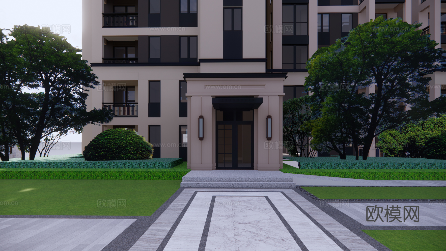 新中式住宅小区外观su模型下载