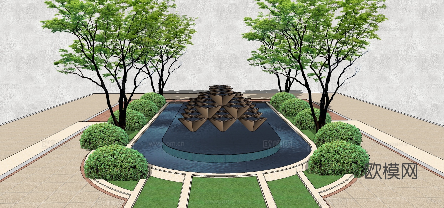 现代水池跌水雕塑小品su模型下载