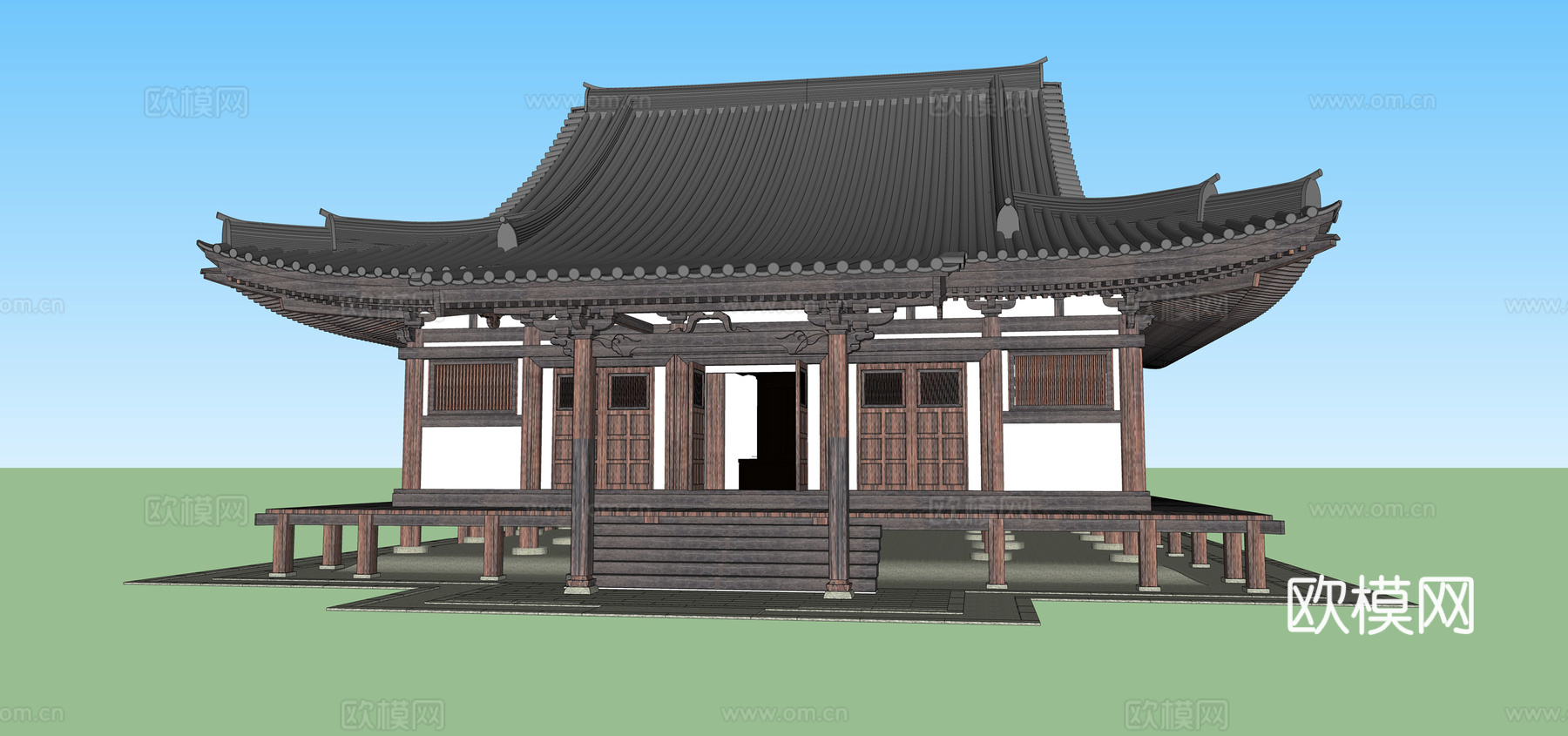 中式古建筑外观su模型下载