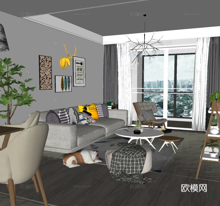 北欧客厅餐厅su模型下载