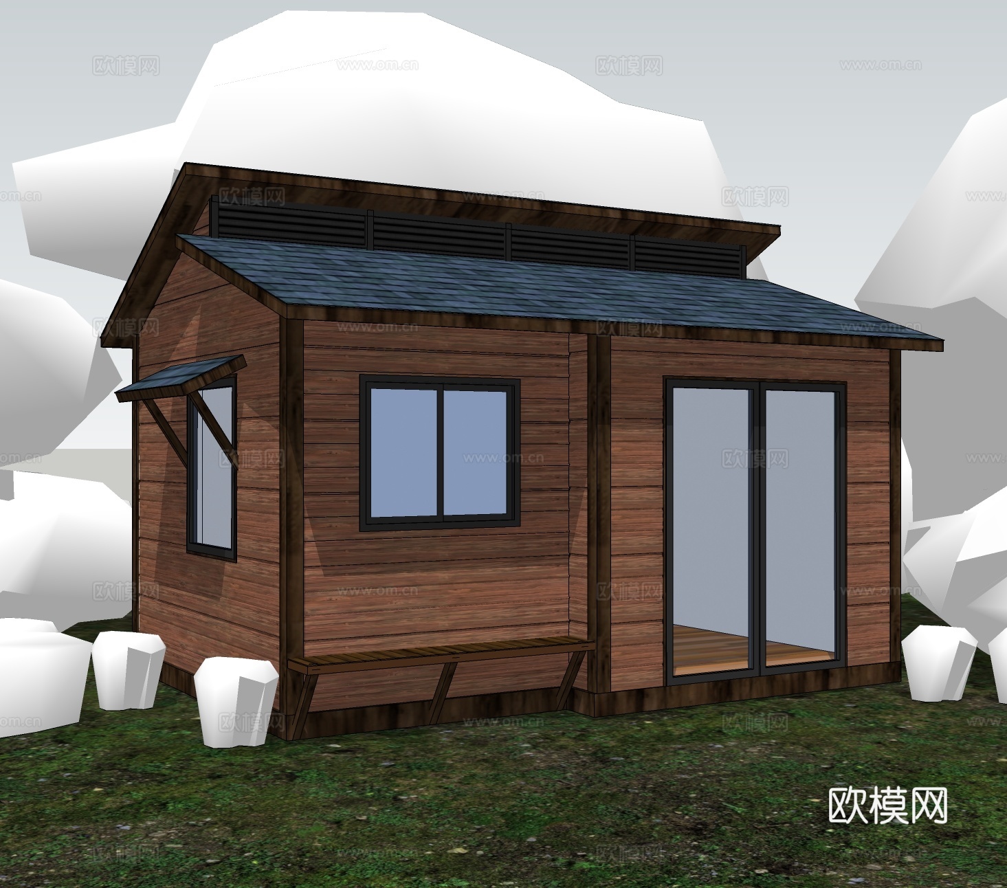 自然风木屋建筑外观su模型下载