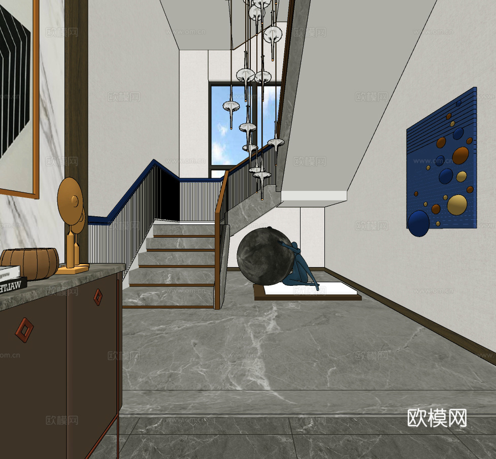 现代楼梯间走廊su模型下载