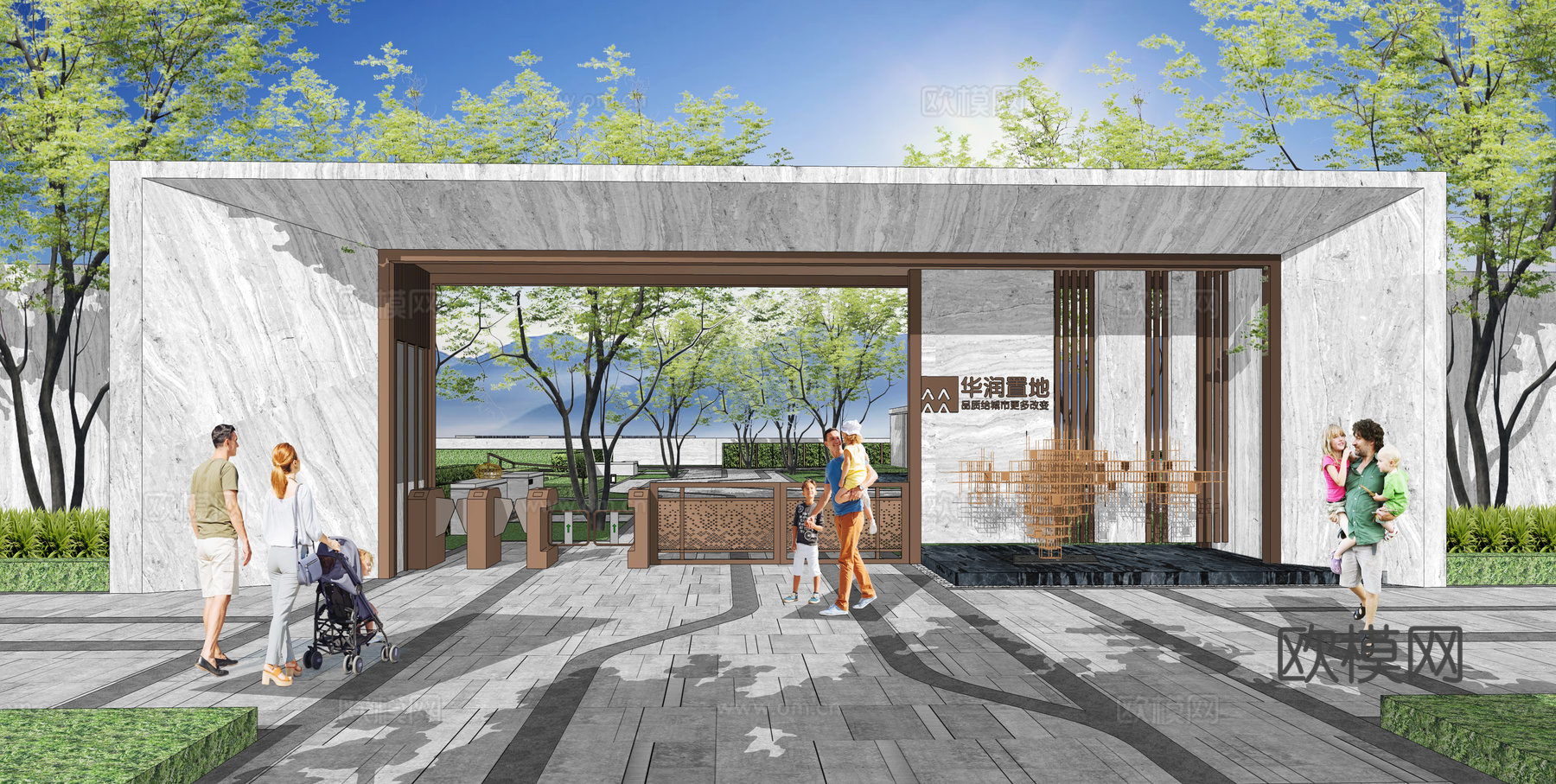 现代住宅小区入口景观su模型下载