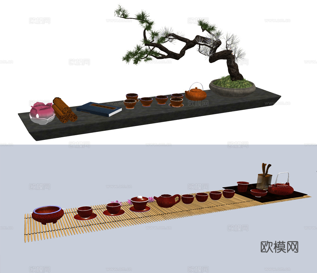 新中式建盏茶具茶盘su模型下载