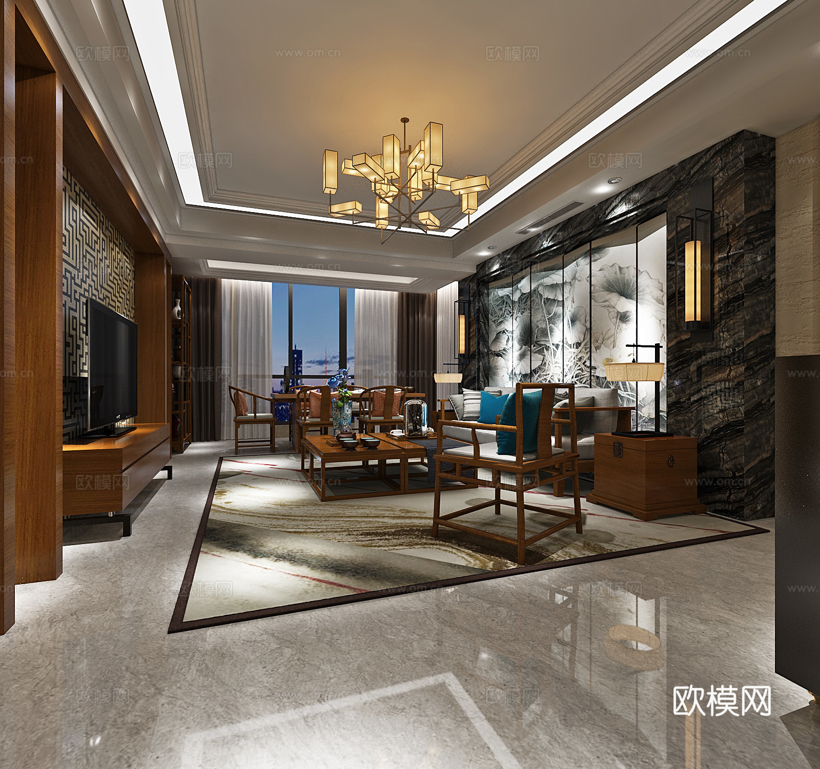 新中式轻奢客厅su模型下载