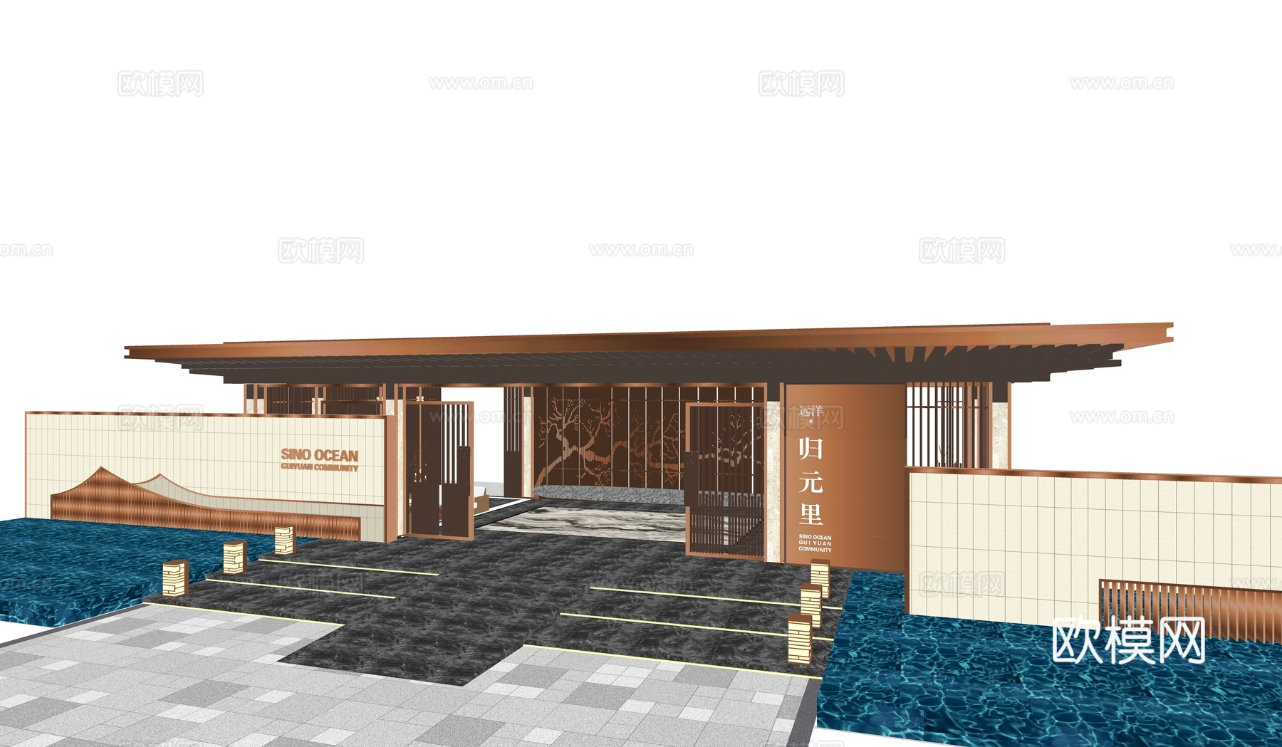 新中式示范区入口大门su模型下载