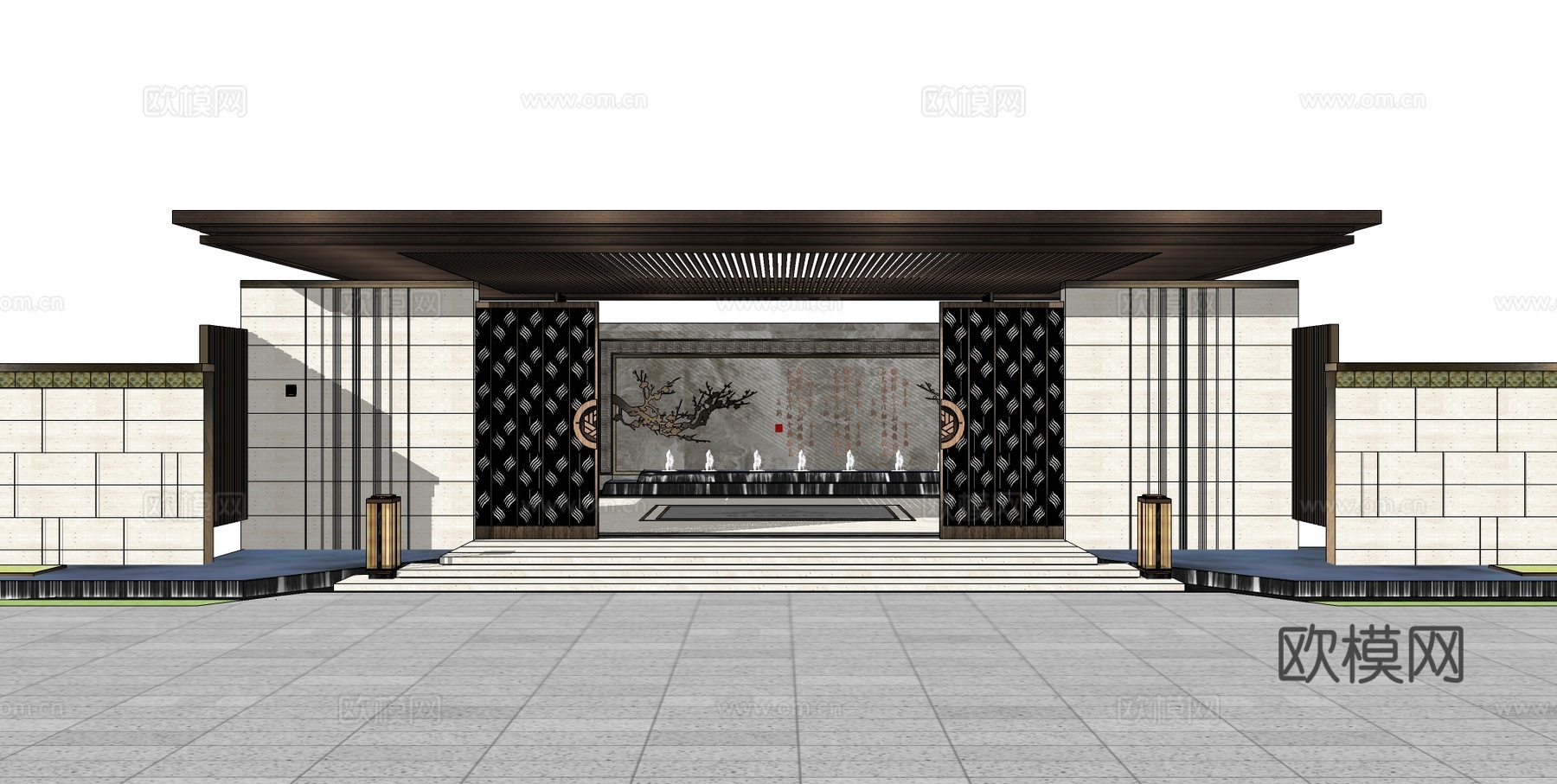 新中式庭院大门门头su模型下载