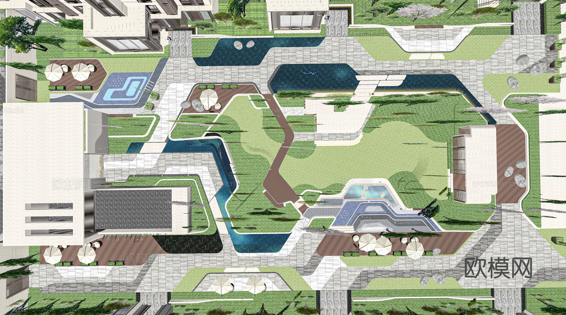 现代住宅小区鸟瞰su模型下载