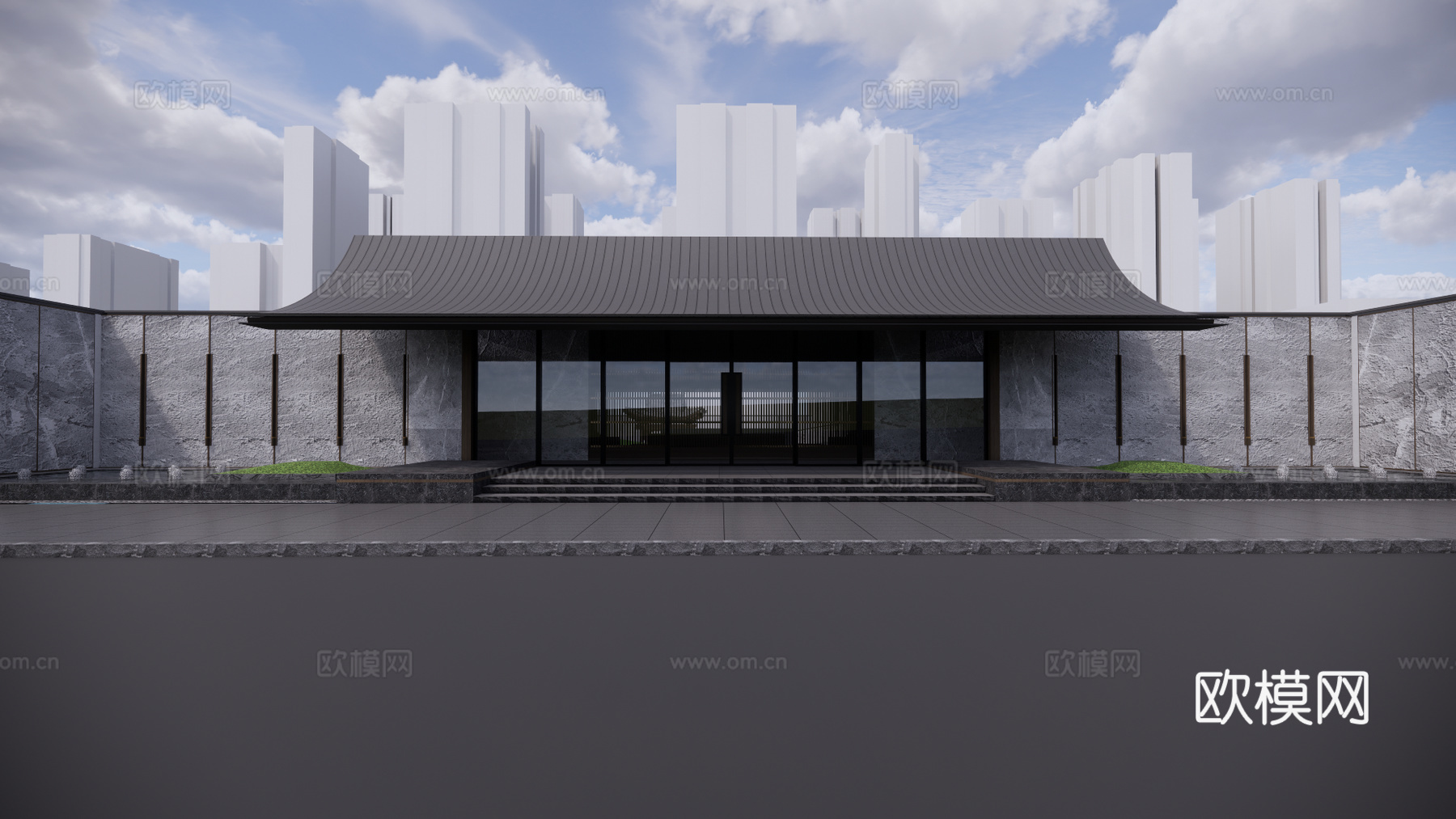 中式售楼处庭院su模型下载