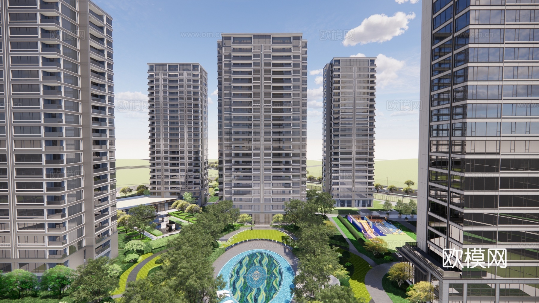 现代高层住宅小区建筑外观su模型下载
