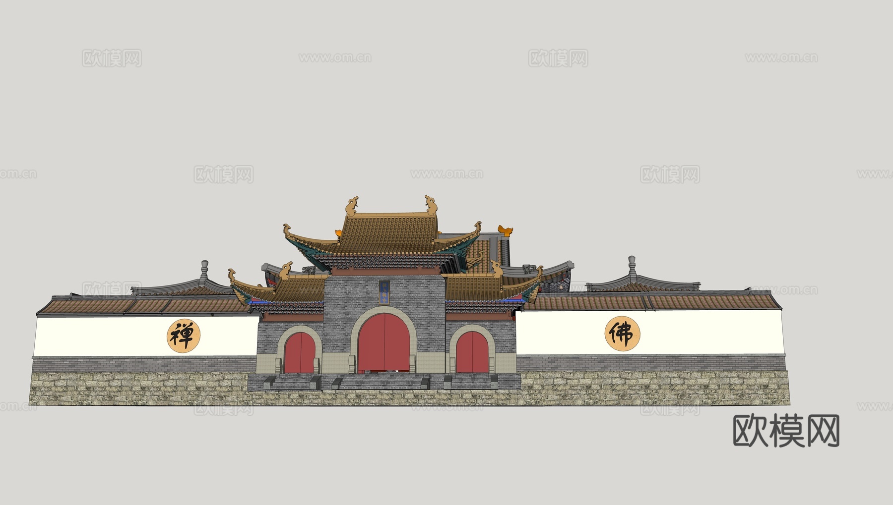 中式古建寺庙外观su模型下载