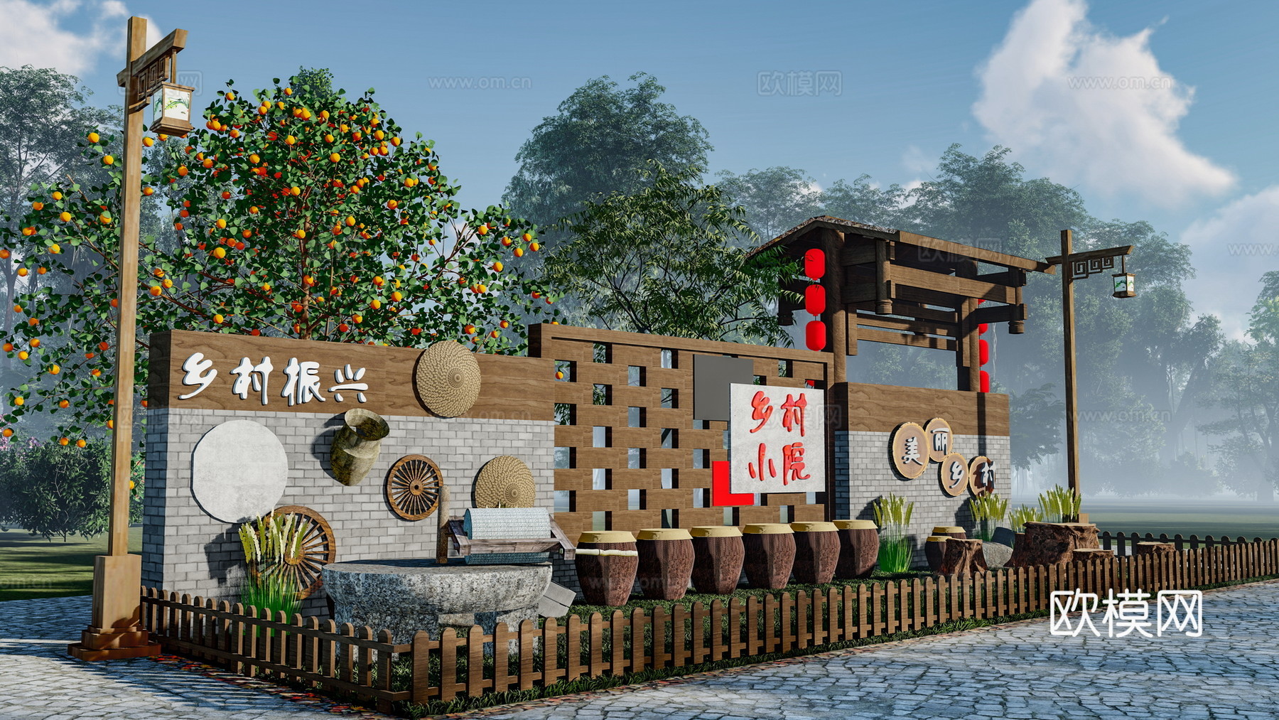 新中式乡村文化景观小品su模型下载