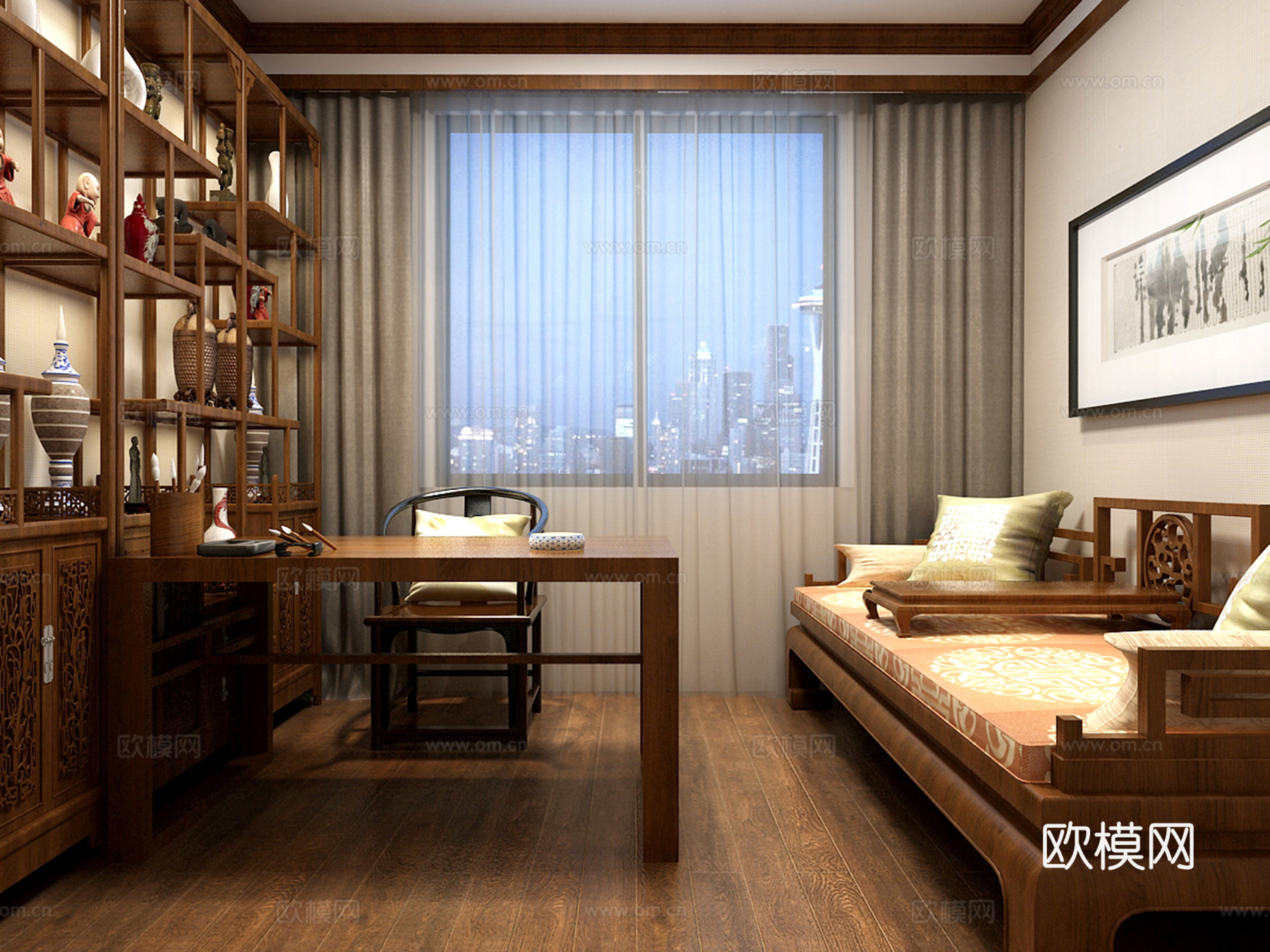 新中式书房su模型下载