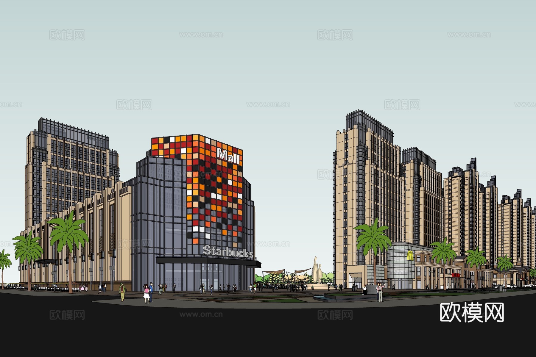 现代商业街su模型下载下载（渲染图1）