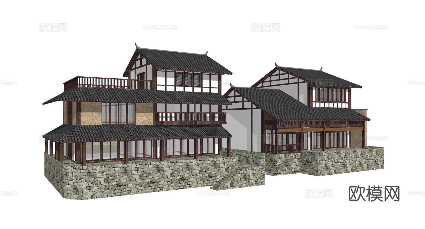新中式古建民居外观su模型下载