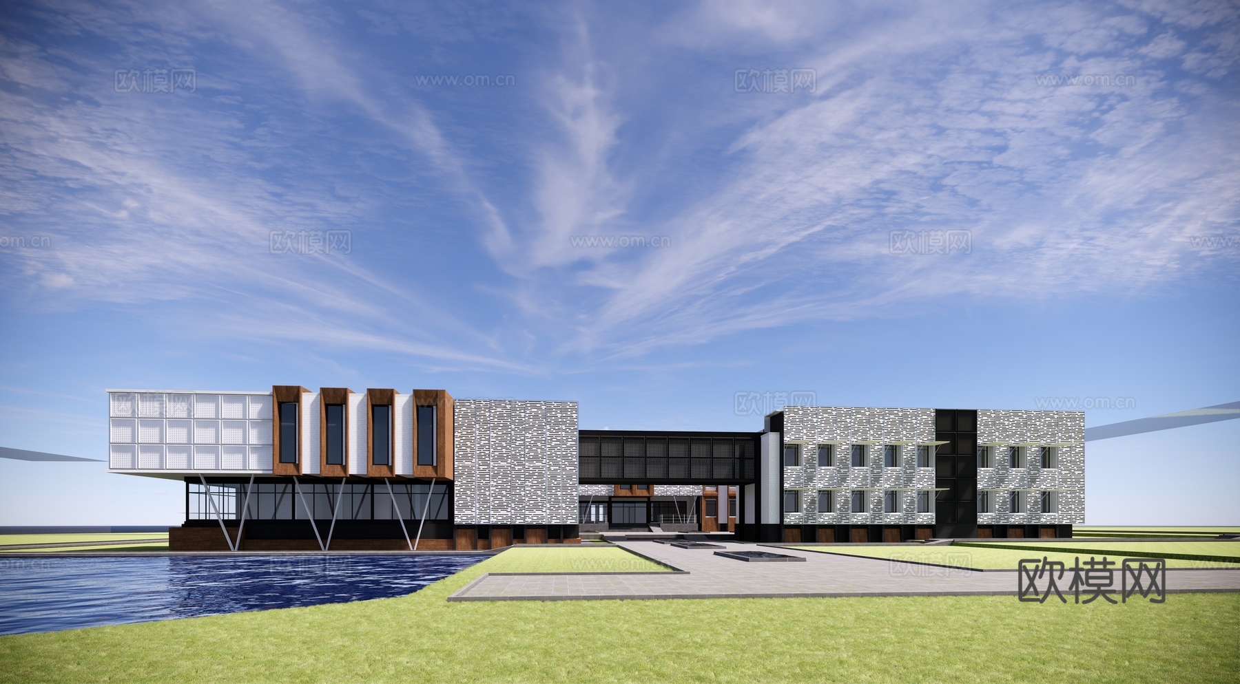 现代学校建筑外观su模型下载