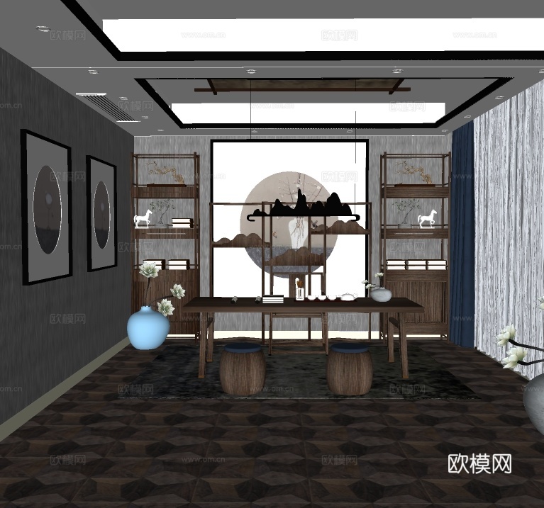 新中式书房su模型下载