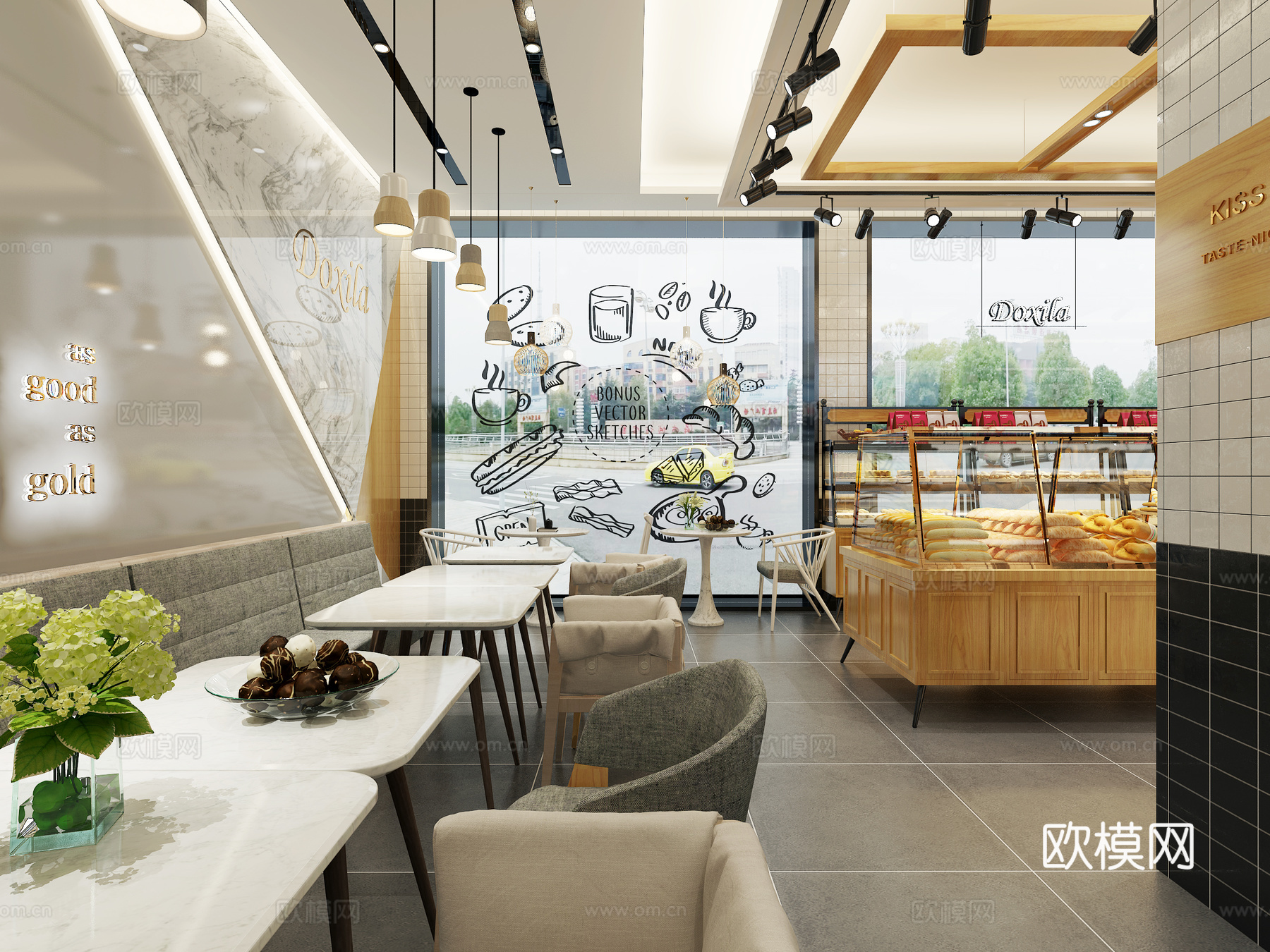 现代面包店甜品店su模型下载
