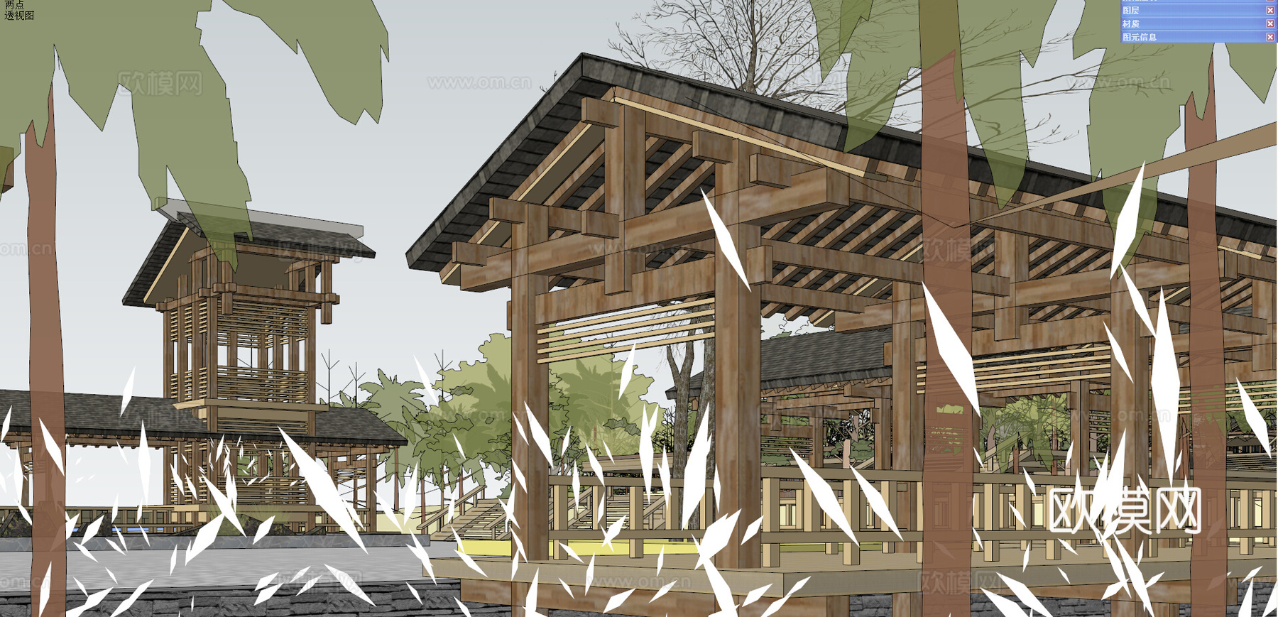 中式创意民宿仿古建筑su模型下载