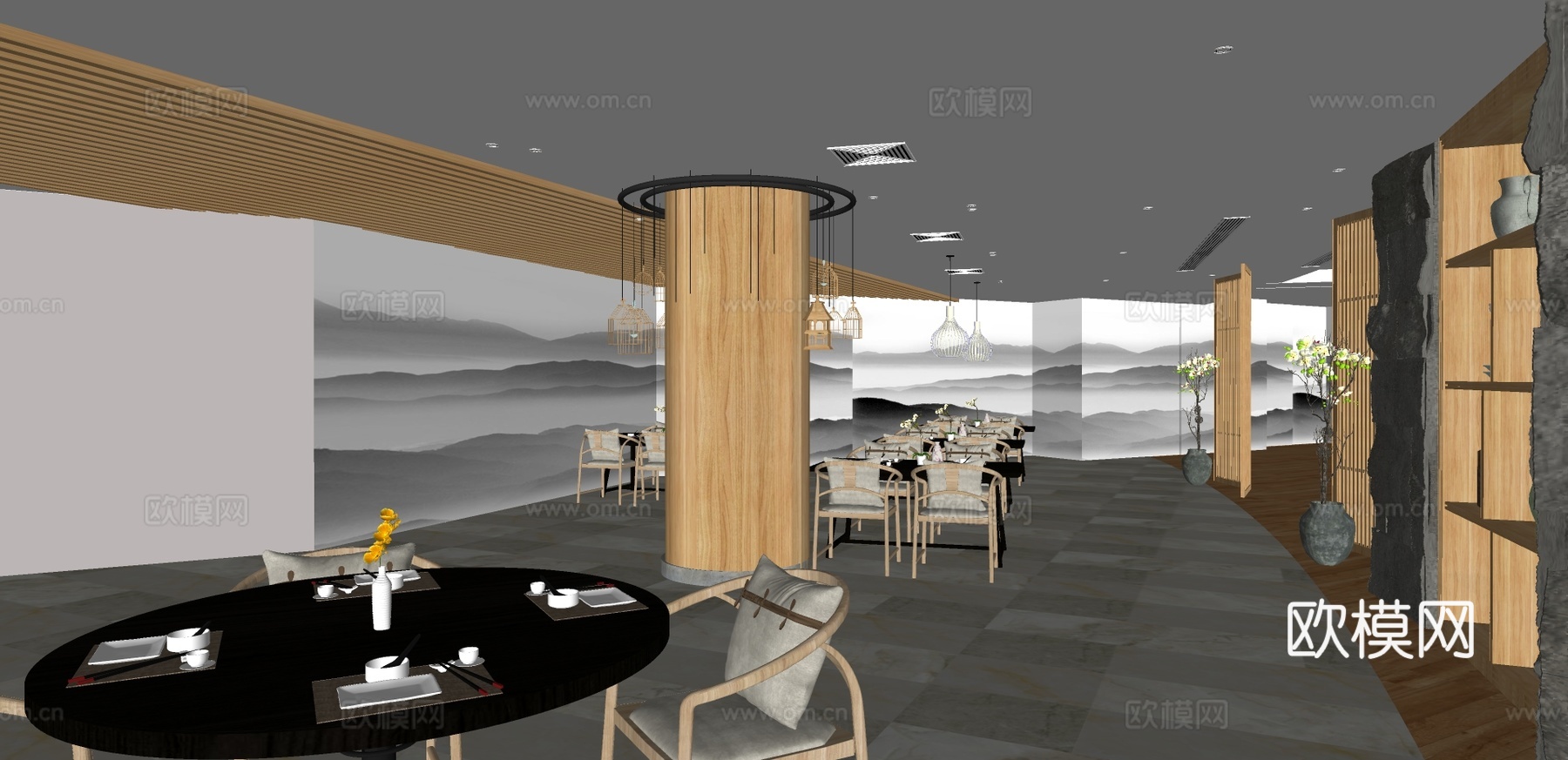 新中式中餐厅su模型下载