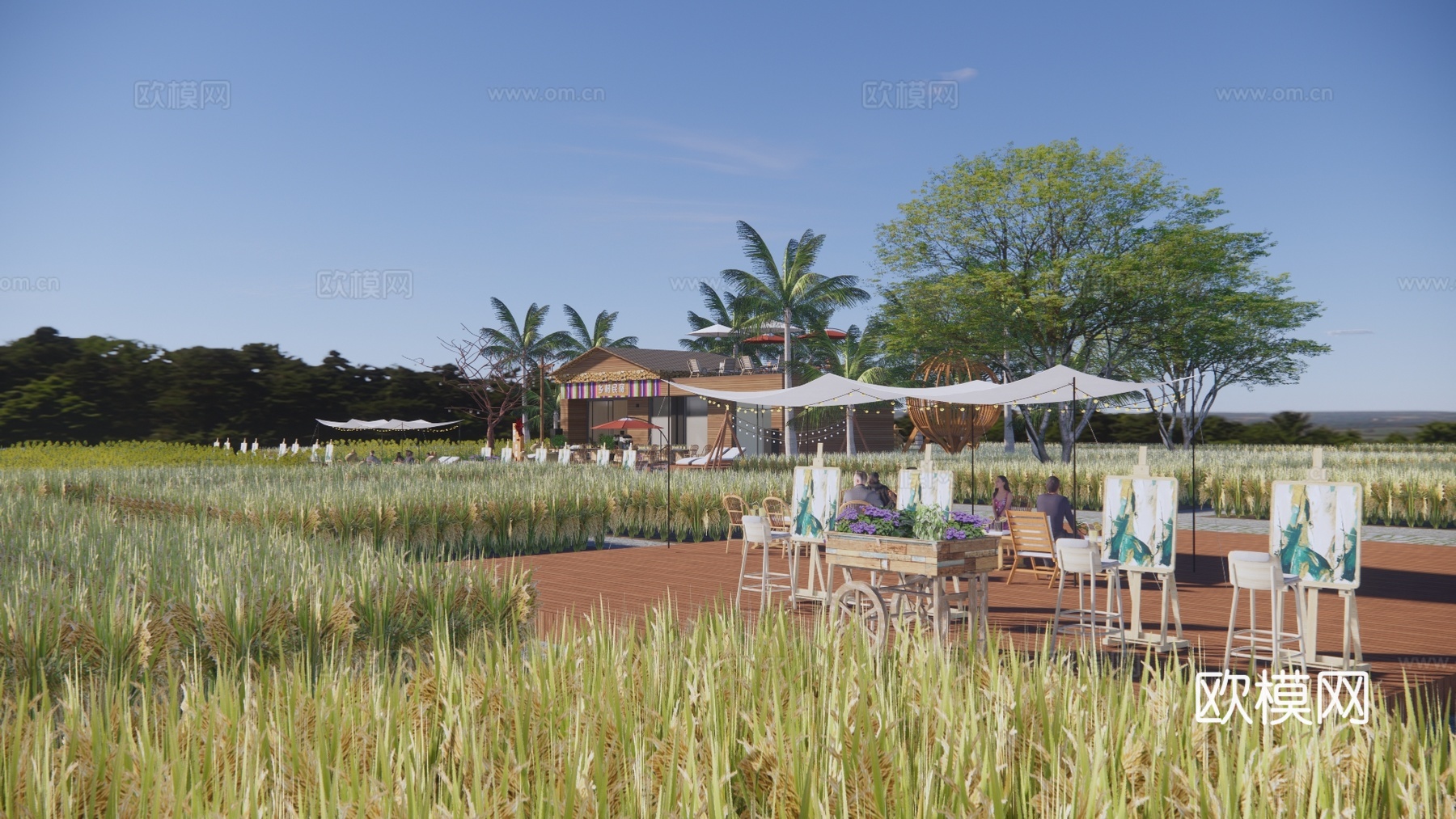 新中式乡村稻田餐厅建筑外观su模型下载