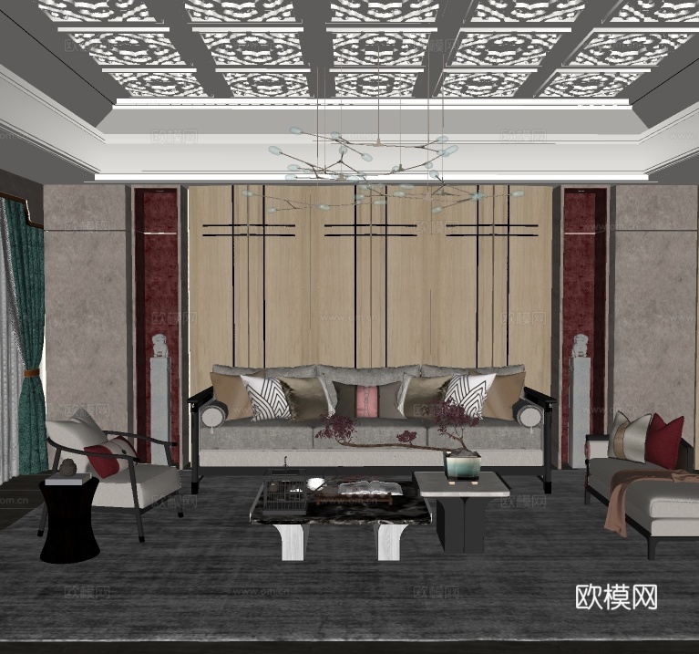 新中式客厅su模型下载