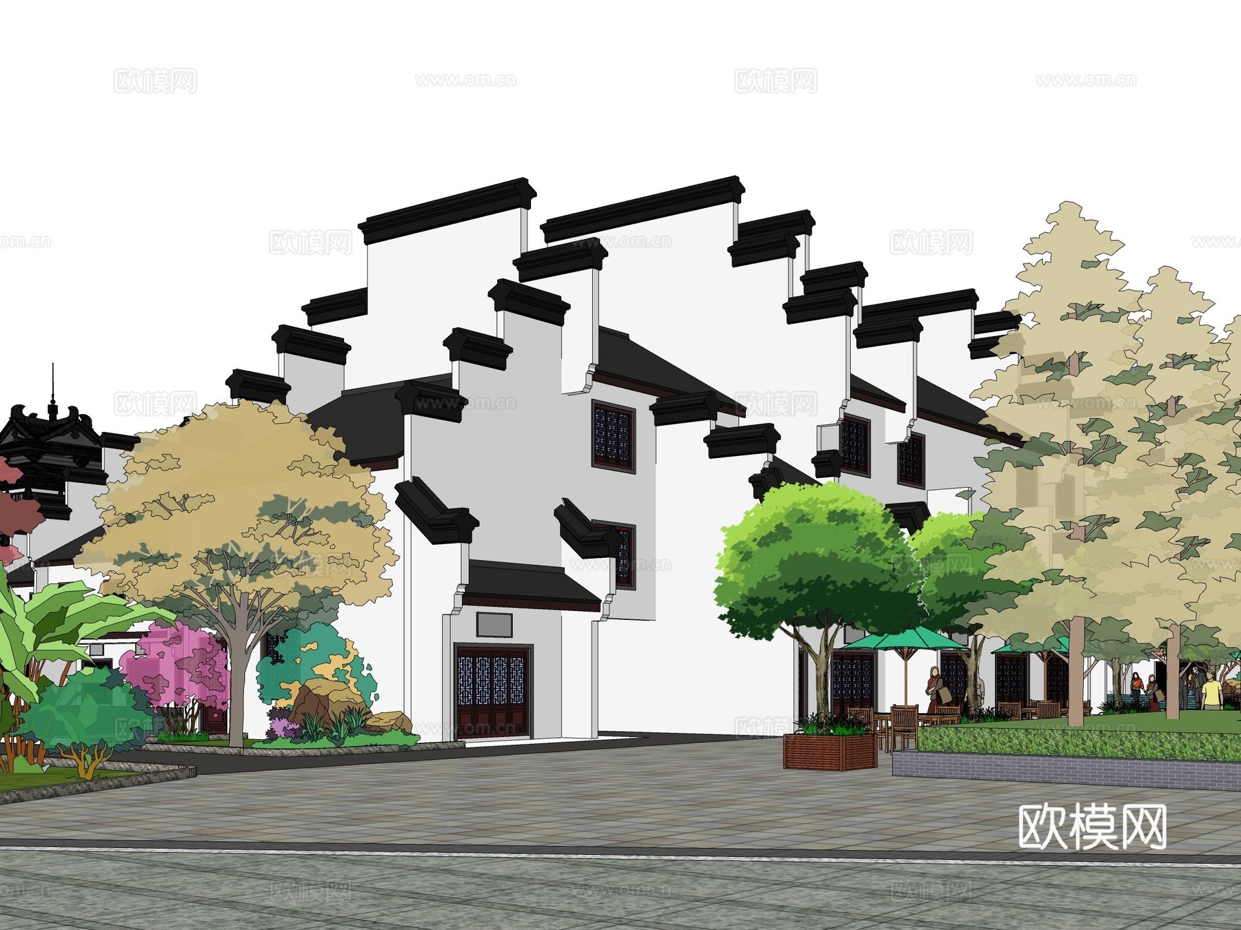 新中式商业步行街su模型下载