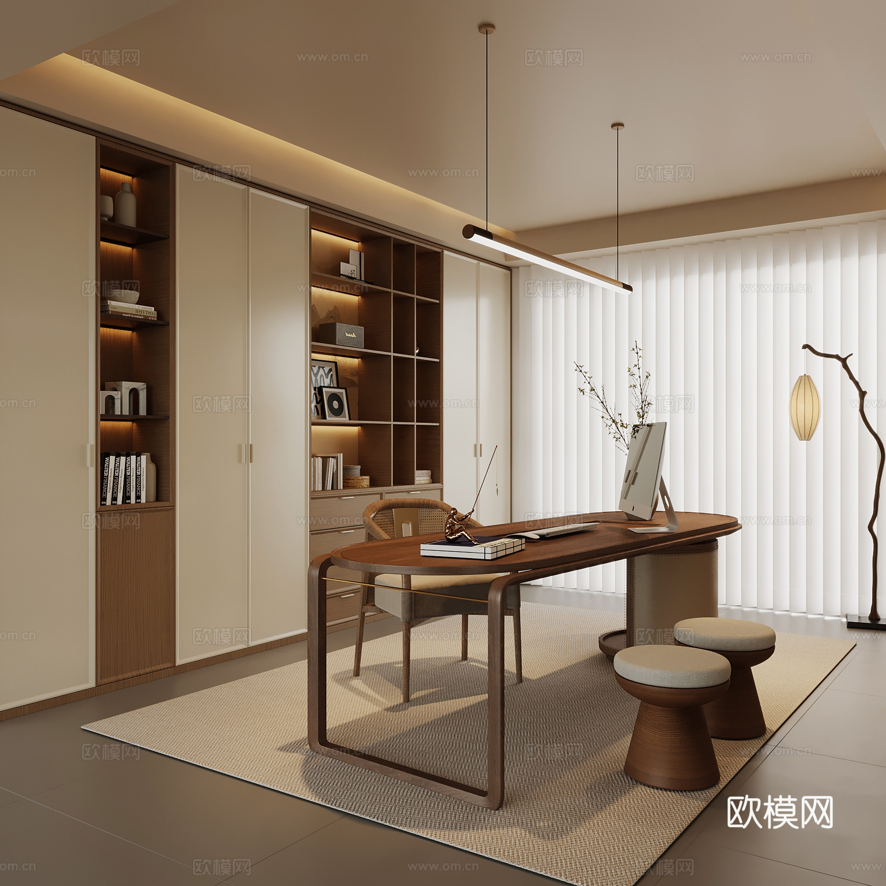 新中式书房 书桌 书柜3d模型