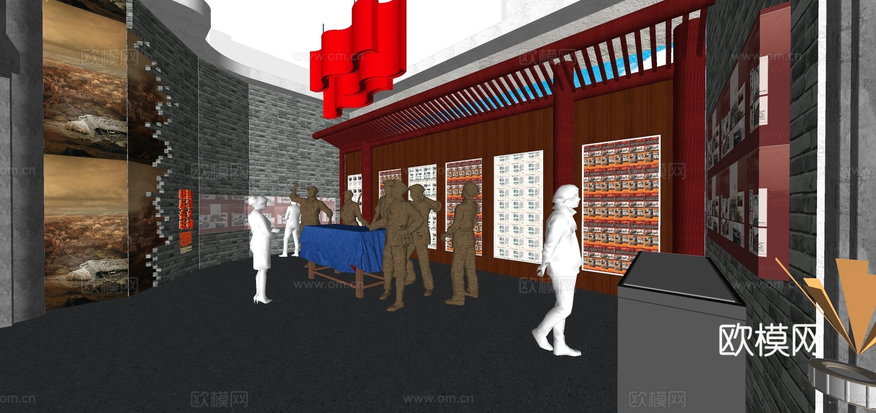 新中式红色博物馆展厅su模型下载